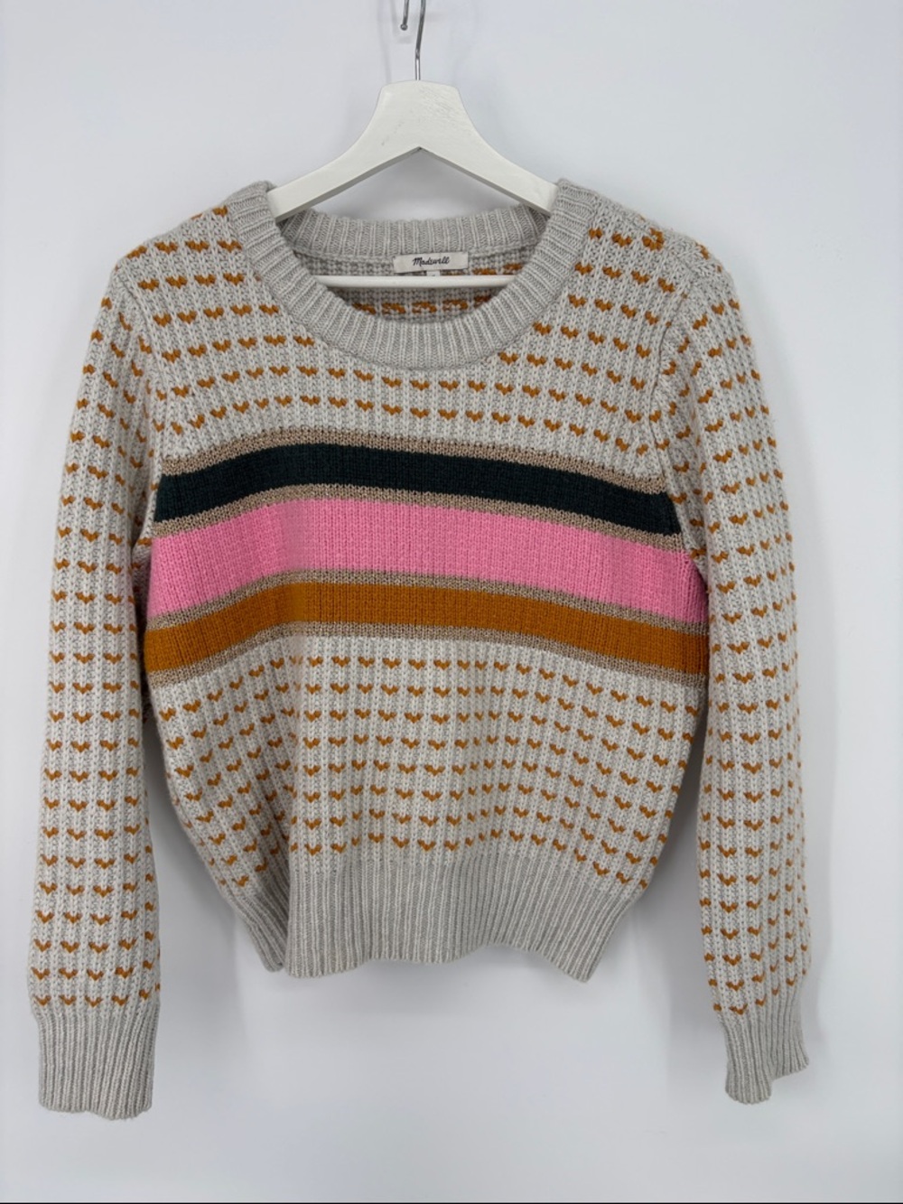 👛 Madewell wool blend Gray Crewneck  with Pink, gold, Mustard & Black Stripes